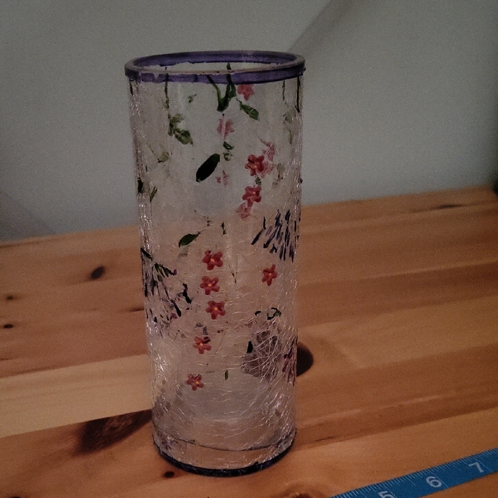 Floral Glass Vase with Purple Rim